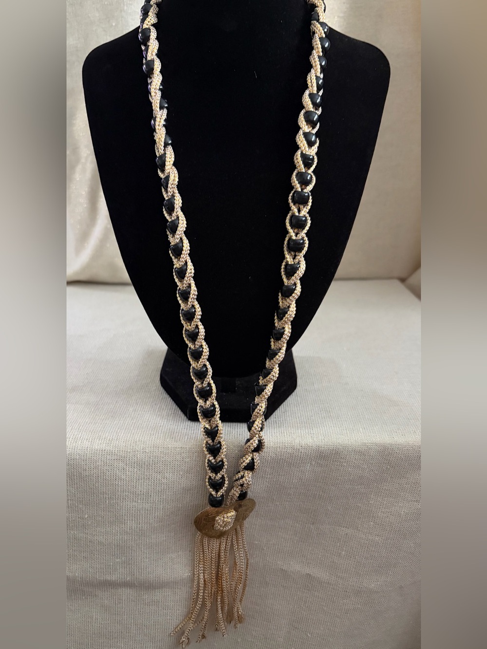 Elegant Black and Gold Braided Tassel Necklace
